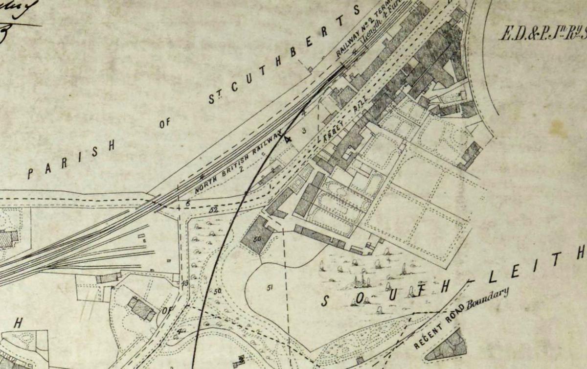 Detail from a plan showing sections of the proposed Edinburgh Dunfermline and Perth Junction Railway from Edinburgh to the pier at South Queensferry, November 1861. ‘Abbey Hill’ and the site of the colonies running off it, can be seen.  National Records of Scotland, RHP47560