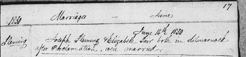 Fleming and Fair’s marriage entry, 1830. NRS, OPR, Kilmarnock,1830, 597/110 page 18