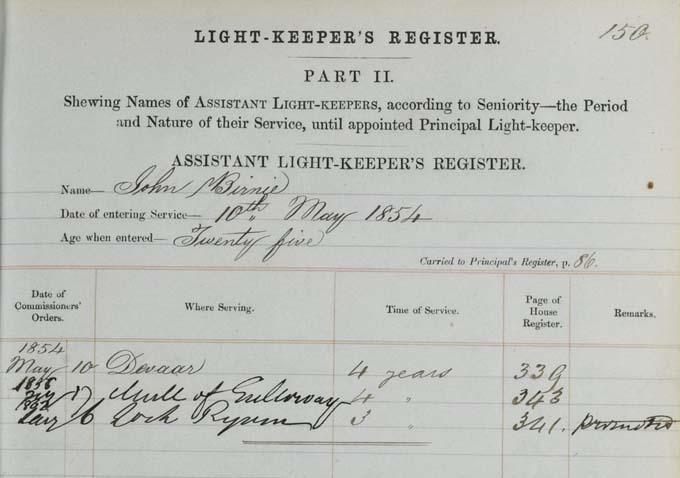 Example from a lightkeeper register, part 2. Crown copyright, National Records of Scotland, NLC4/1/2 page 150