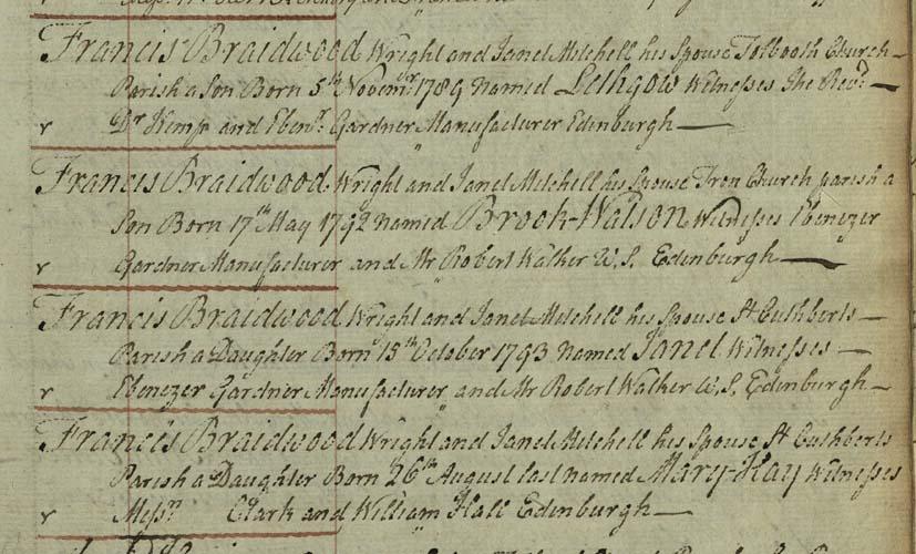 Four of the Braidwood children were recorded in the Old Parish Register for Edinburgh Parish on 28th November 1797 Crown copyright, National Records of Scotland (NRS), Old Parish Register of Births, 685/1 page 254