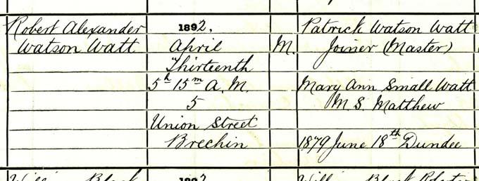 Detail from the birth entry of Robert Alexander Watson-Watt. Crown copyright, National Records of Scotland (NRS), Statutory Register of Births, 1892, 275/86 page 29. 