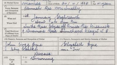 Detail from Joseph Ayre's death entry. National Records of Scotland, Statutory Register of Deaths, 1968, 564/118 