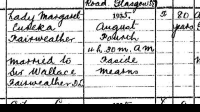Death entry of Lady Margaret Eureka Fairweather, 4 August 1935  Crown copyright, National Records of Scotland, Statutory Register of Deaths, 1935, 571/2 47 page 16