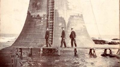 Three Lightkeepers outside of The Bell Rock Lighthouse, c.1900-1919. Courtesy of The Morrison family.