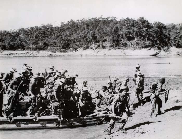 Troops crossing Chindwin River, 1944