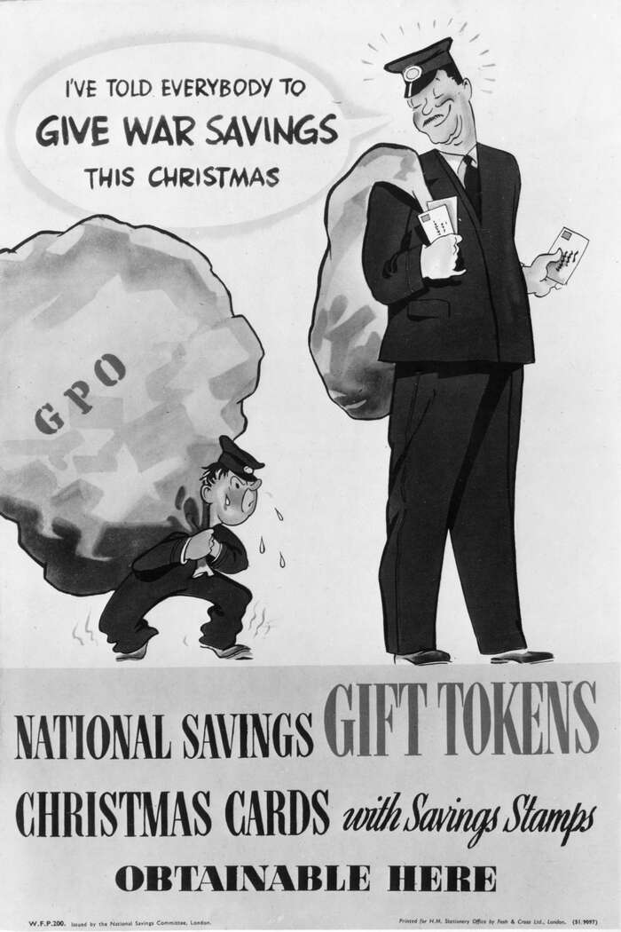 Cartoon of postmen advertising war savings, 1939-1945