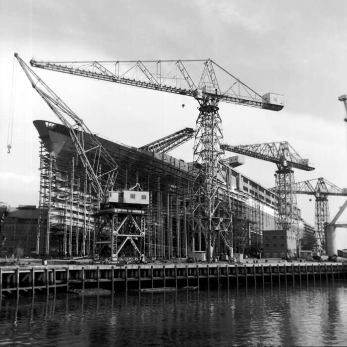Bow view of RMS Queen Elizabeth 2 under construction, Clydebank