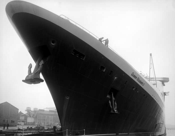Bow and anchors of RMS Queen Elizabeth 2, Clydebank, 1968