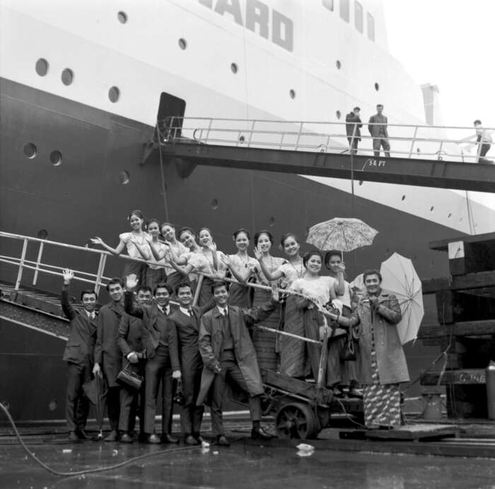 Dance troup from the Philippines visit QE2, 1968 (RMS Queen Elizabeth 2)
