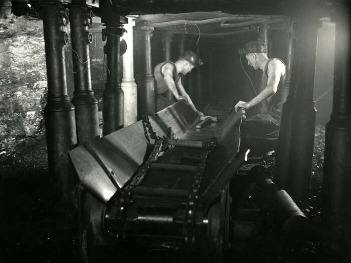 Men beside conveyor at Wellesley Colliery, Fife, 1950s-1960s