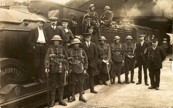 Soldiers at Galashiels Station, c 1916