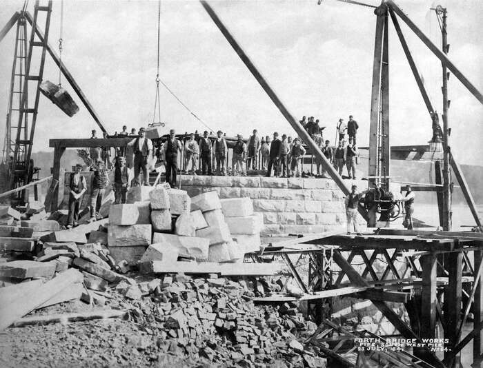 Workers on pier of Forth Bridge during construction, 1884