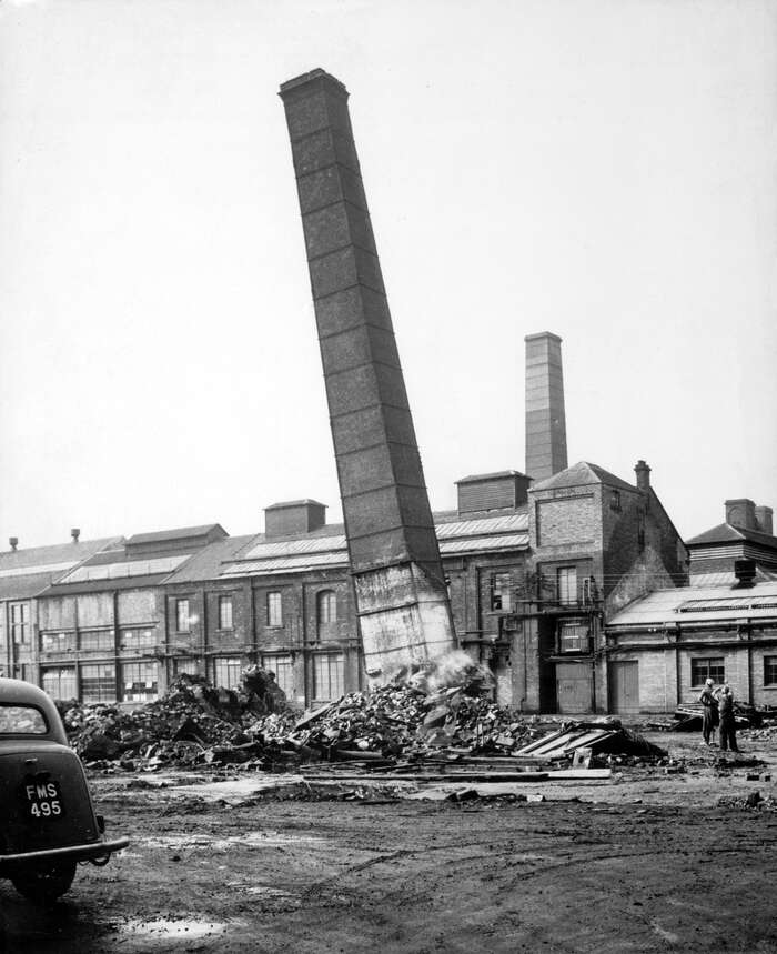 Chimney collapsing, Carron Works, 20th century