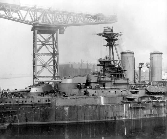 HMS Tiger, Royal Navy Tiger-Class Battlecruiser: View port-side, looking at the forward turrets and the bridge superstructure