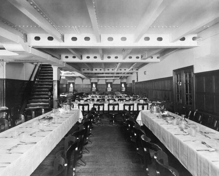 Third Class Dining Saloon \"D\" deck looking to port-side on the Canadian Pacific Line liners SS Montcalm & SS Montclare
