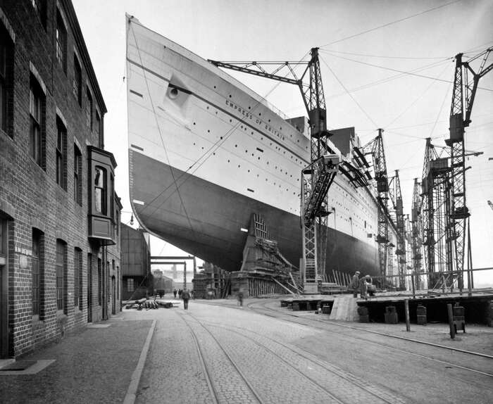 The Canadian Pacific Line ocean liner the RMS Empress of Britain on stocks showing the forward poppets