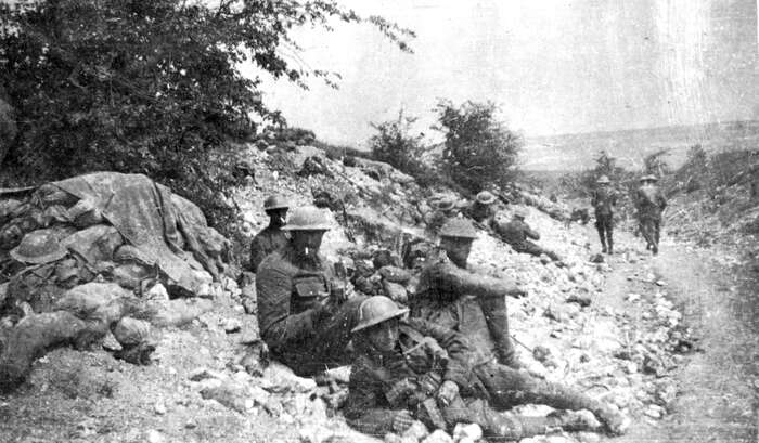 Soldiers of East Surrey Regiment bivouacking during the battle for Bazentin on the Somme, 1916