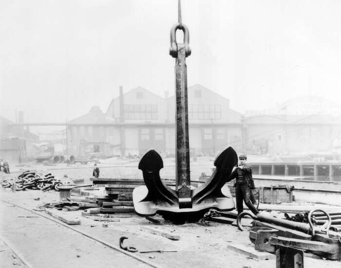 Anchor belonging to RMS Lusitania in the shipyard of John Brown & Co Ltd, Clydebank