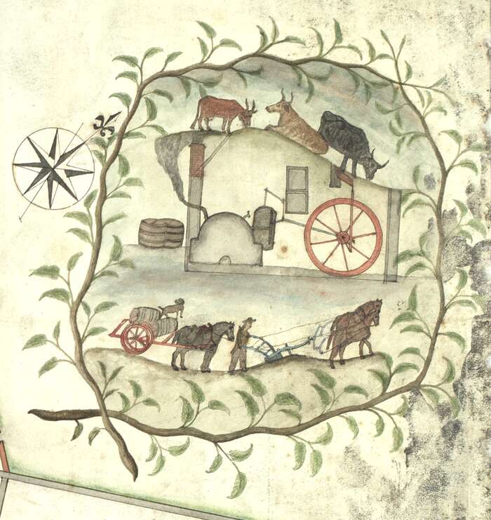 Vignette of distilling and farming, 1798