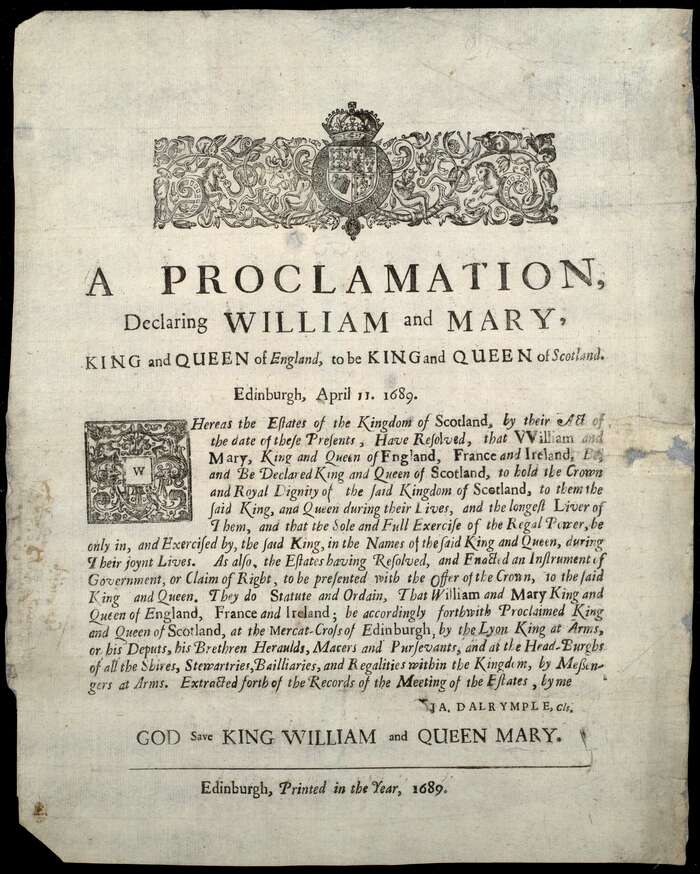 Proclamation declaring William and Mary as King and Queen of Scotland