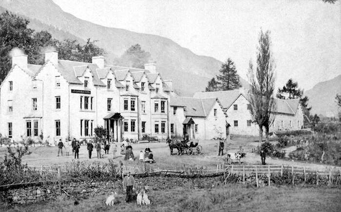 A mid-Victorian view of the hotel at Lochearnhead with staff in gardens