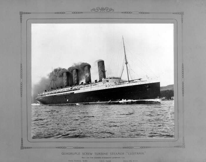 Broadside view of the quadruple screw turbine steamer RMS Lusitania whilst on trial in the Clyde Estuary