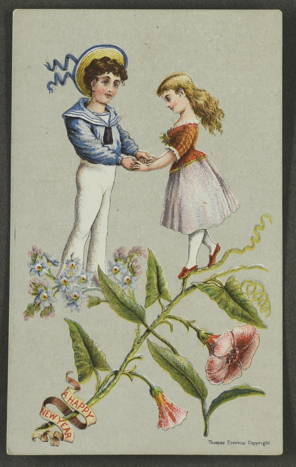 New Years greetings card depicting a sailor and a girl