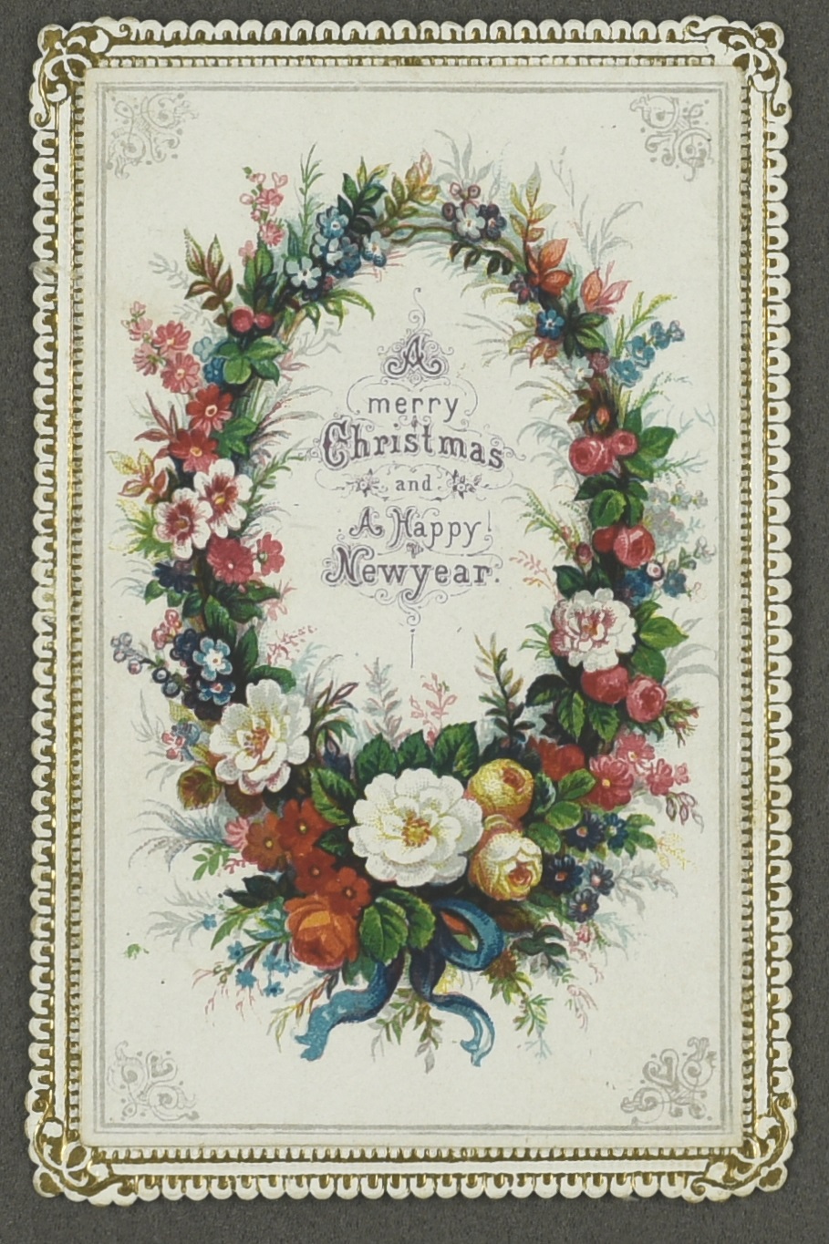 Christmas greetings card depicting a floral wreath