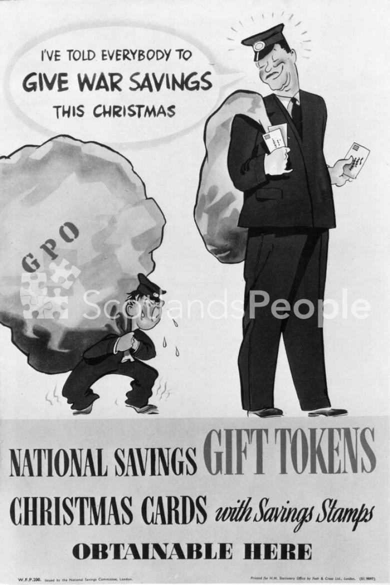 Cartoon of postmen advertising war savings, 1939-1945