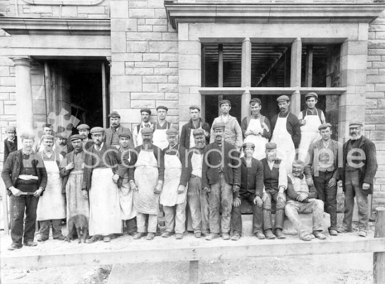 Workmen outside bank building in East Linton, c 1896