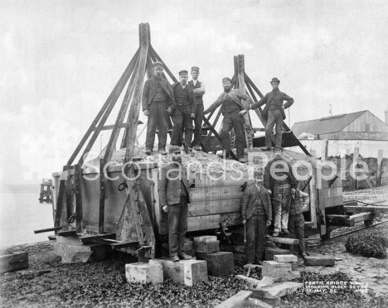Forth Bridge workers on mooring block, 1885