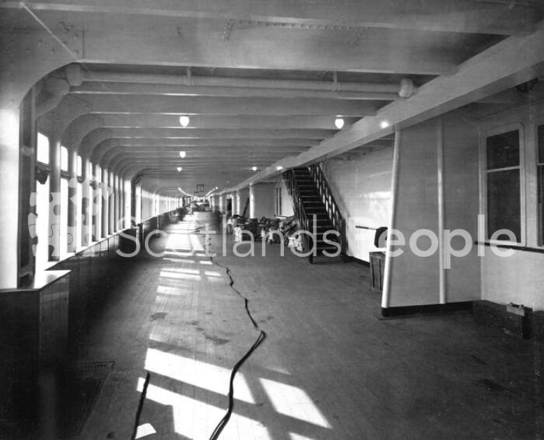 Promenade Deck looking aft of the Cunard Line ocean liner RMS Queen Mary