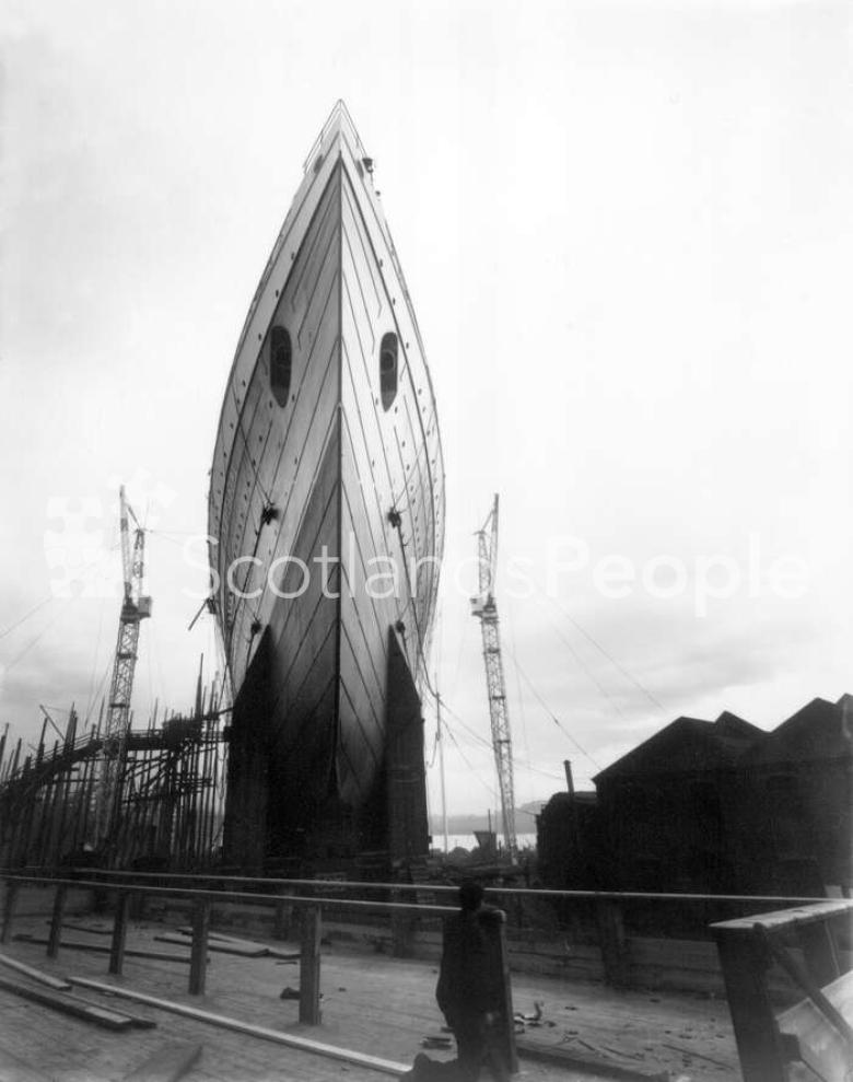 The bow of the Cunard Line ocean liner RMS Lusitania on the slipway of John Brown & Co Ltd, Clydebank