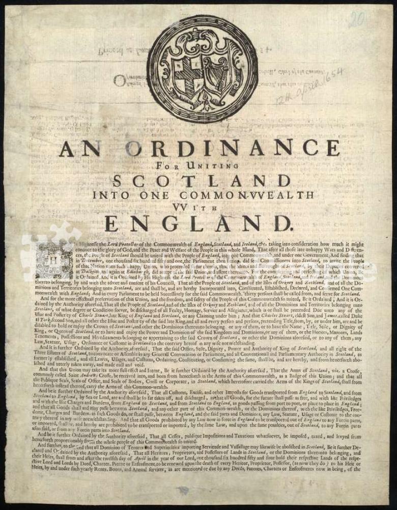 Proclamation decree by Oliver Cromwell uniting Scotland and England into one Commonwealth