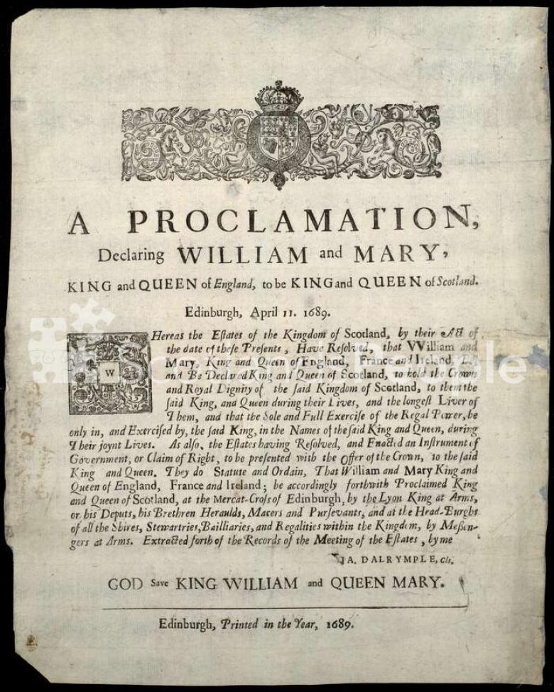 Proclamation declaring William and Mary as King and Queen of Scotland