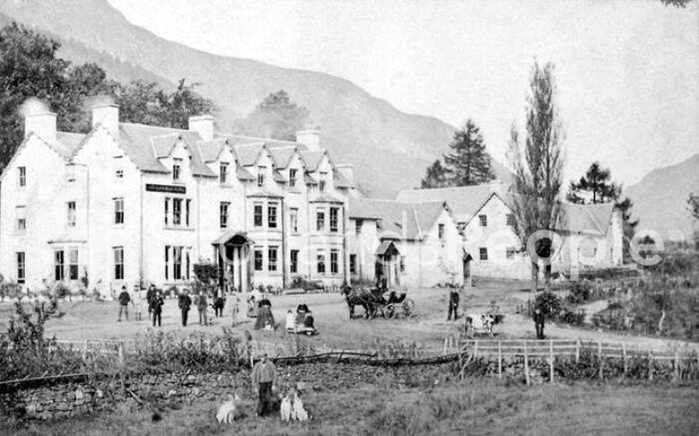 A mid-Victorian view of the hotel at Lochearnhead with staff in gardens