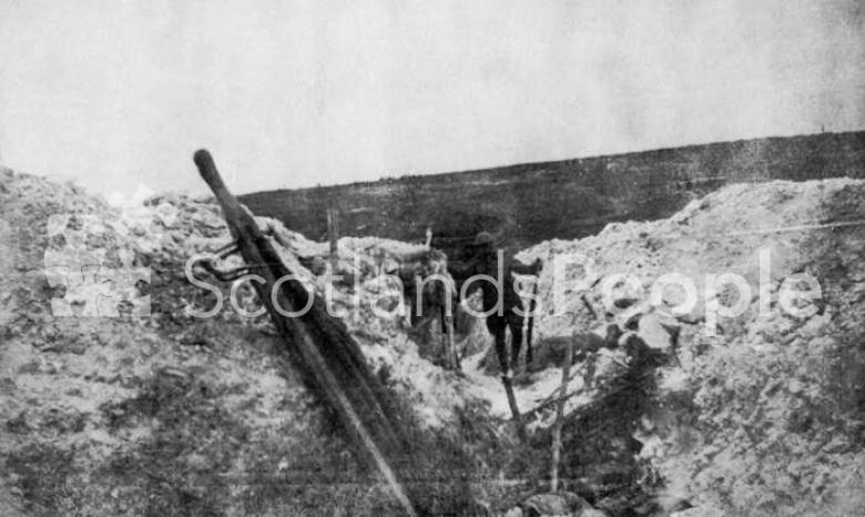 Trench, German second line, near Montauban, Somme battlefield, 1916 with stretcher