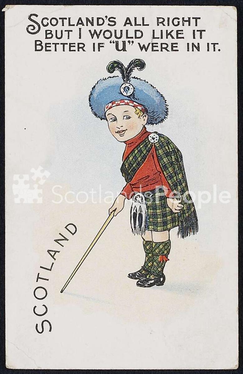 Comic postcard of a boy in Highland dress