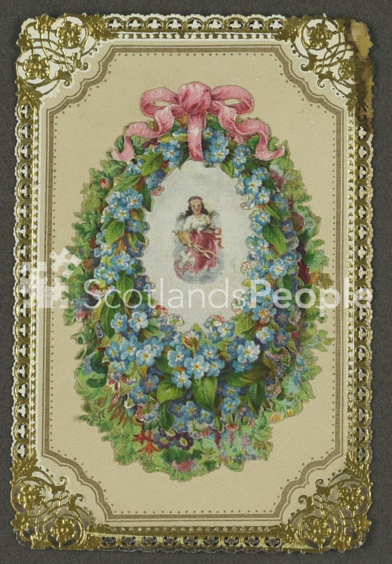 Christmas greetings card depicting a floral wreath and angel