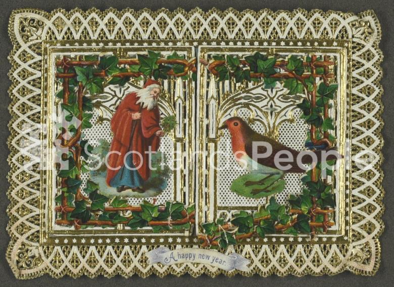 New Years greetings card depicting Father Christmas and a robin