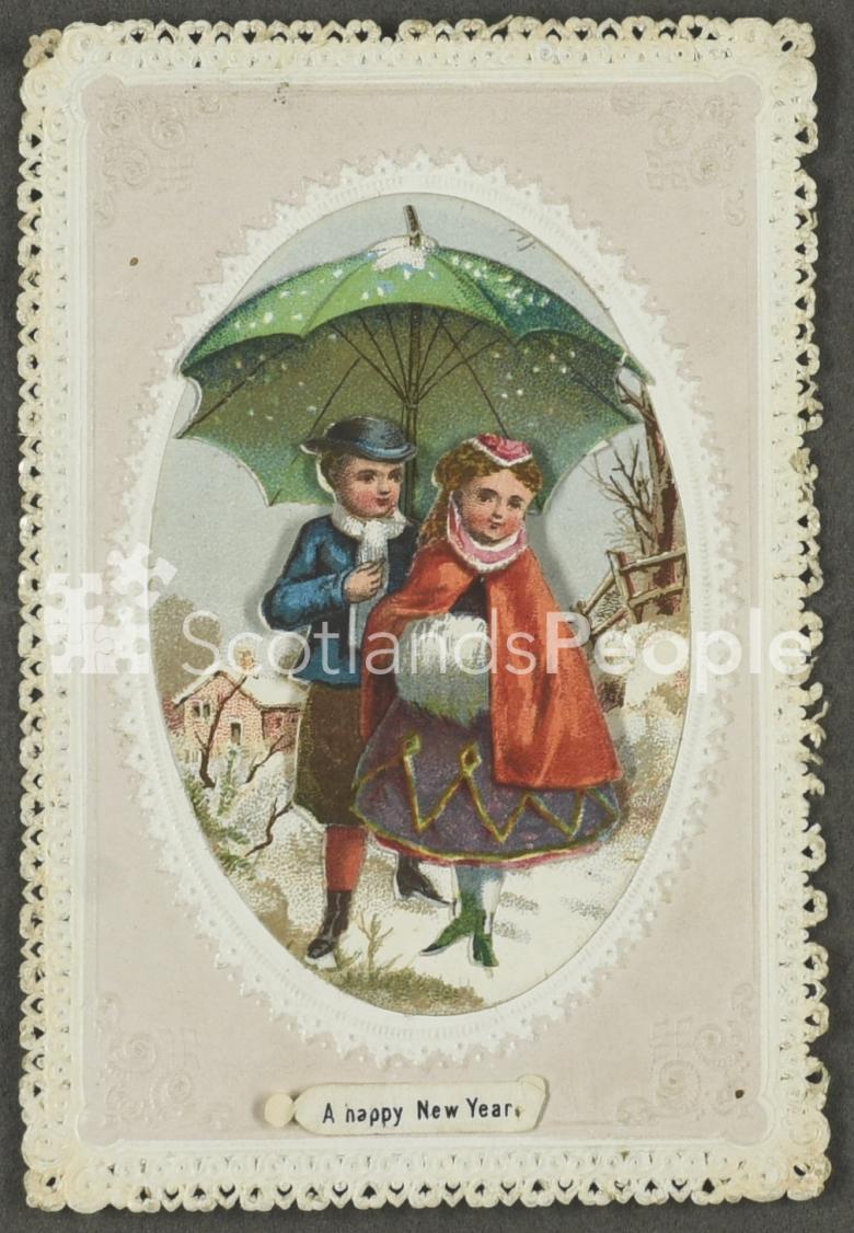 New Years greetings card depicting a couple in a wintery scene