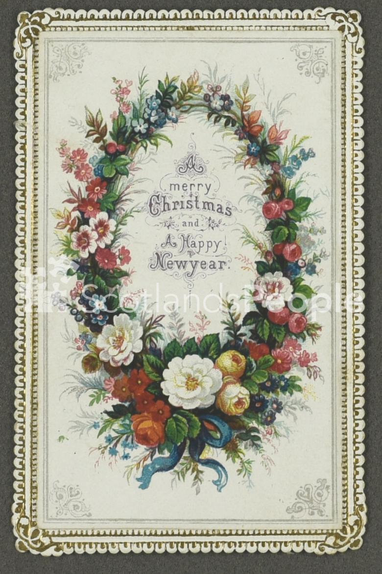 Christmas greetings card depicting a floral wreath