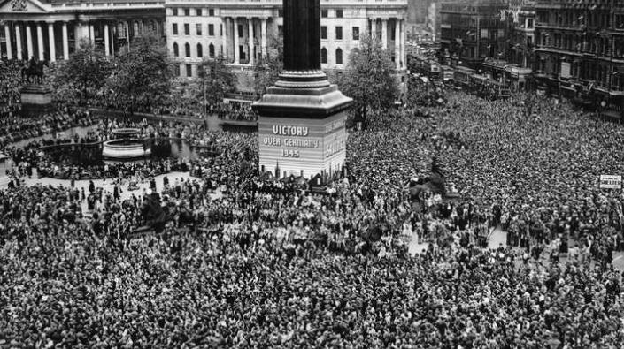 VE celebrations in Trafalgar Square, London, 1945