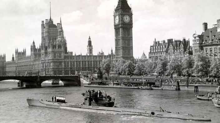 German submarine at Westminster Pier, 1945