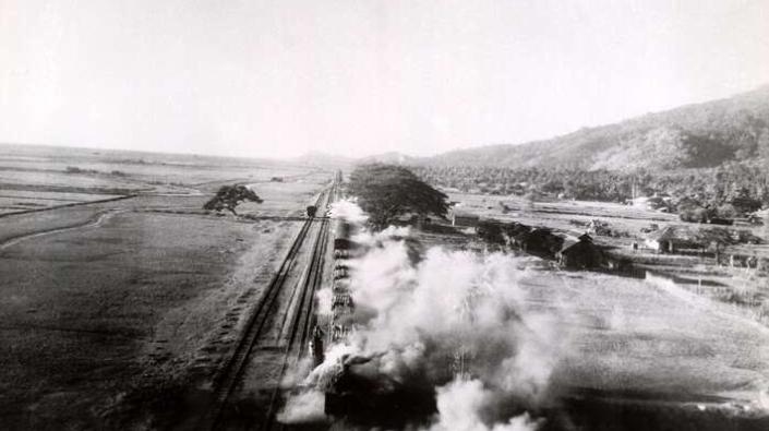 Japanese train in Burma after attack by RAF, 1945