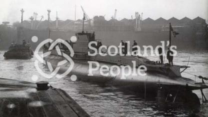 Submarine in shipyard basin, c 1944 Submarine in shipyard basin, c 1944