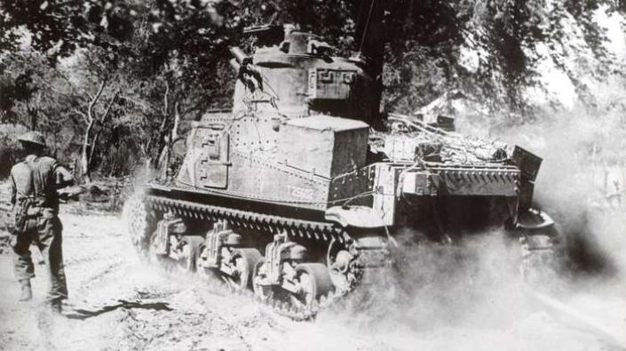 Tank and infantryman, Far East, c 1944