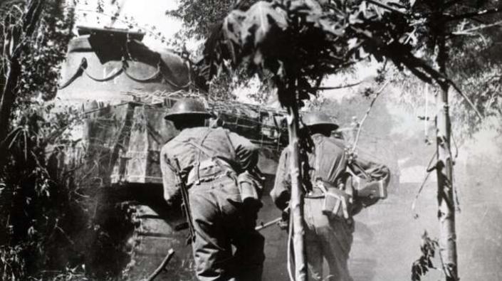 Tank and infantryman, Far East, c 1944