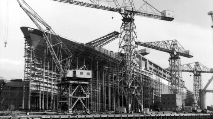 Bow view of RMS Queen Elizabeth 2 under construction, Clydebank
