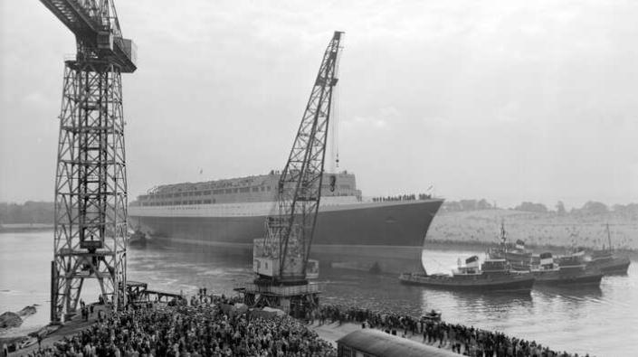 RMS Queen Elizabeth 2 on River Clyde after launch, 1967